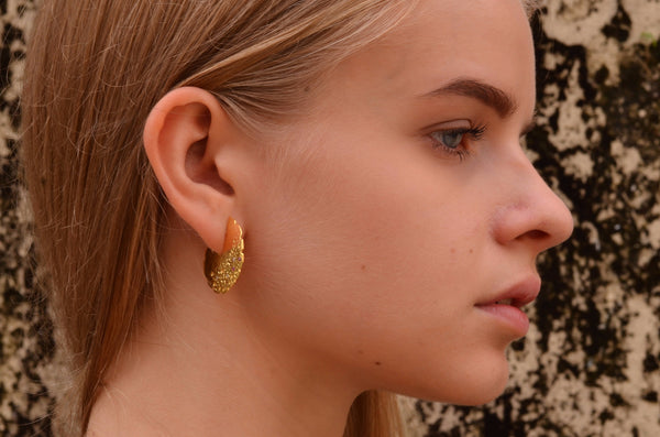 Round disc textured gemstone earrings lookbook side view