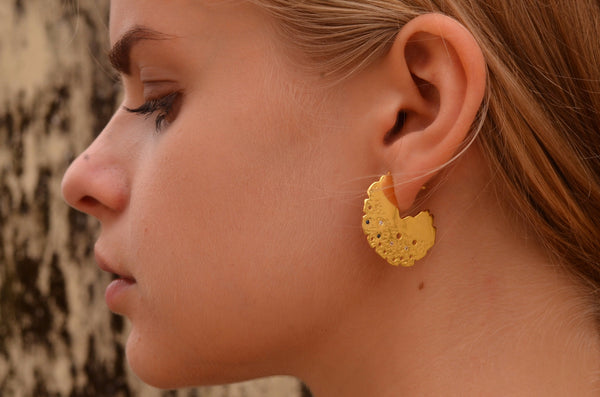 Round disc textured gemstone earrings lookbook side view