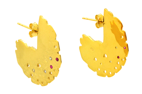 Gold ruby topaz round disc earrings